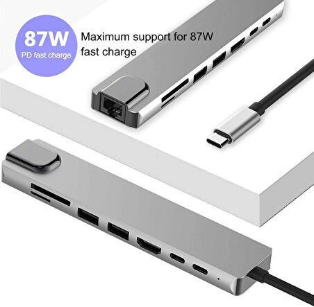 8in1 4K Type-C USB 3.0 Hub HDMI RJ45 SDTF Adaptörü