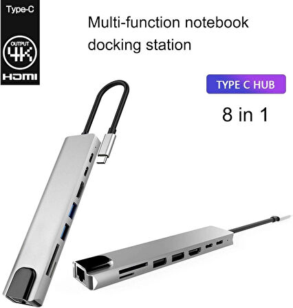 8in1 4K Type-C USB 3.0 Hub HDMI RJ45 SDTF Adaptörü