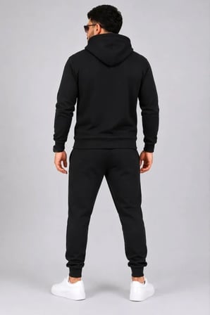 Erkek İki İplik Kapüşonlu Kanguru Cepli Sweatshirt Jogger Pantolon Alt Üst Eşofman Takımı -Siyah