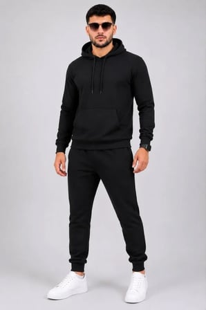 Erkek İki İplik Kapüşonlu Kanguru Cepli Sweatshirt Jogger Pantolon Alt Üst Eşofman Takımı -Siyah