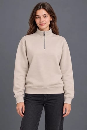 Üç İplik İçi Şardonlu Dik Yaka Yarım Fermuarlı Kışlık Sweatshirt - Bej