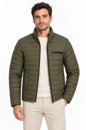 Erkek Dik Yaka Su İtici Şişme Kapitone Üç Cepli Mont Ceket - Haki
