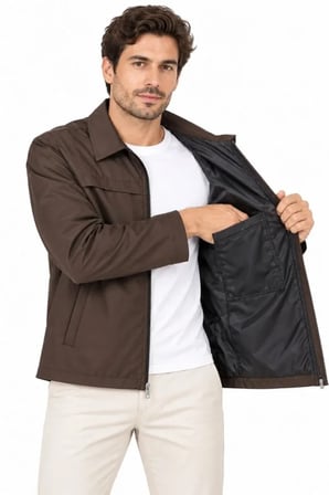 Erkek Su İtici Rüzgar Keser Astarlı Tam Fermuarlı 4 Mevsim Regular Fit Mont Ceket - Kahverengi