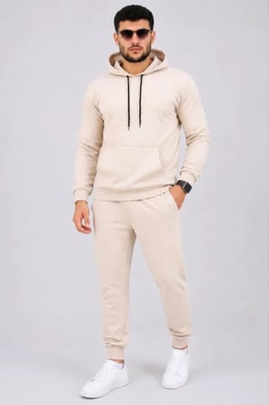 Erkek İki İplik Kapüşonlu Kanguru Cepli Sweatshirt Jogger Pantolon Alt Üst Eşofman Takımı -Bej