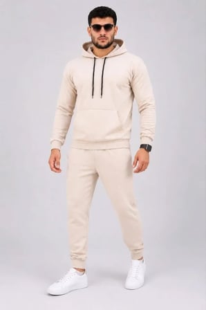 Erkek İki İplik Kapüşonlu Kanguru Cepli Sweatshirt Jogger Pantolon Alt Üst Eşofman Takımı -Bej
