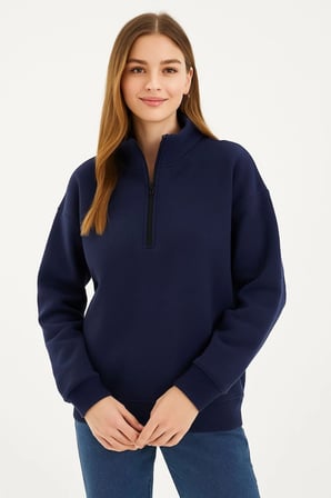 Üç İplik Dık Yaka Yarım Fermuarlı SweatShirt - Lacivert