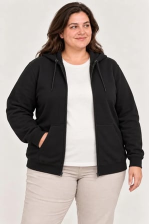 Battal Büyük Beden Üç İplik İçi Şardonlu Kapüşonlu Tam Fermuarlı Kışlık Sweatshirt - Siyah