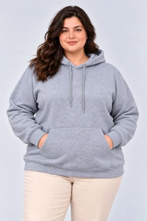 Battal Büyük Beden Üç İplik İçi Şardonlu Kapüşonlu Kanguru Cepli Kışlık Sweatshirt - Gri