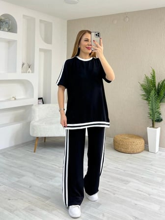 Kadın Kısa Kollu Bisiklet Yaka çift Renk şerit Detaylı Viskon Iki Iplik Bluz Ve Pantolon Ikili Takım