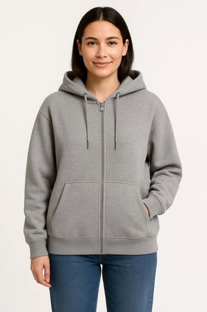 Üç İplik Kapüşonlu Tam Fermuarlı Kanguru Çepli SweatShirt Hoodie - Gri