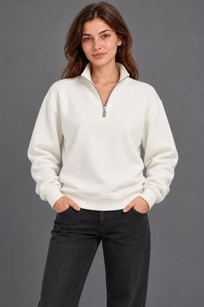 Üç İplik İçi Şardonlu Dik Yaka Yarım Fermuarlı Kışlık Sweatshirt - Beyaz