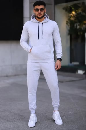Erkek İki İplik Kapüşonlu Kanguru Cepli Sweatshirt Jogger Pantolon Alt Üst Eşofman Takımı -Beyaz