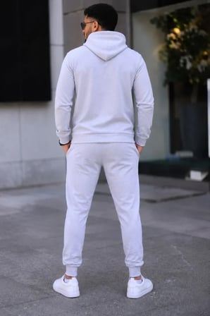 Erkek İki İplik Kapüşonlu Kanguru Cepli Sweatshirt Jogger Pantolon Alt Üst Eşofman Takımı -Beyaz