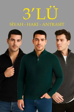 Erkek Fitilli Triko Kazak 3’lü Set – Haki, Siyah, Antrasit Kalın Dokuma Pamuklu Regular Fit V Yaka Fermuarlı Uzun Kollu Rahat Kışlık Kazak Kombini