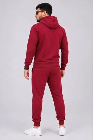 Erkek İki İplik Kapüşonlu Kanguru Cepli Sweatshirt Jogger Pantolon Alt Üst Eşofman Takımı -Bordo