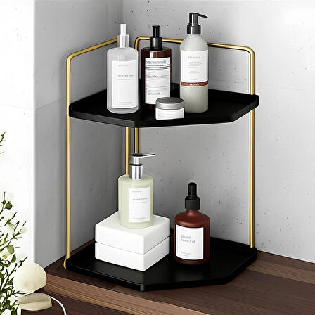 Dekoratif 2 Katlı Raf | Çok Amaçlı Organizer Paslanmaz Çelik & Ahşap Stand – Salon, Mutfak, Banyo, Çalışma Alanı İçin