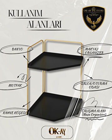 Dekoratif 2 Katlı Raf | Çok Amaçlı Organizer Paslanmaz Çelik & Ahşap Stand – Salon, Mutfak, Banyo, Çalışma Alanı İçin