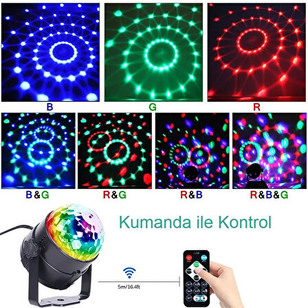 Sesle Duyarlı Kumandalı LED RGB Disko Topu Mini Boyutlu Taşınabilir Renkli Parti Işığı