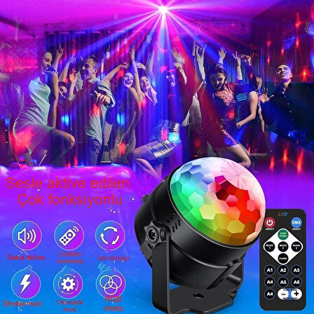 Sesle Duyarlı Kumandalı LED RGB Disko Topu Mini Boyutlu Taşınabilir Renkli Parti Işığı