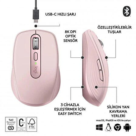 Logitech MX Anywhere 3S Kompakt 8000 DPI Optik Sensörlü Sessiz Bluetooth Kablosuz Mouse - Pembe