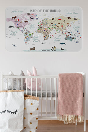 Eğitici ve Bayraklı Dünya Haritası Dünya Atlası Çocuk Ve Bebek Odası Duvar Sticker 