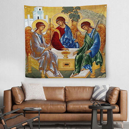 Andrei Rublev Tarafından Kutsal Üçleme Kanvas Duvar Örtüsü-Halısı, Hristiyan Kilise Hediyesi-5327