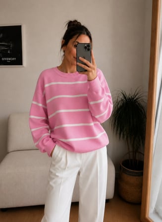Kadın Çizgili Balıkçı Yaka Oversize Triko Kazak Uzun Kollu Salaş Model