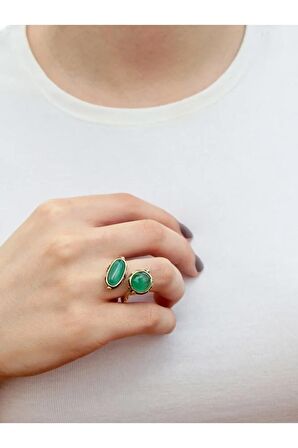 Doğal Taş Yeşil Akik Doğal Taşlı İkili Otantik Ayarlanabilir Yüzük dtyiya