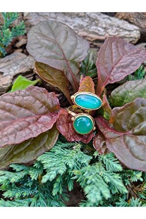 Doğal Taş Yeşil Akik Doğal Taşlı İkili Otantik Ayarlanabilir Yüzük dtyiya