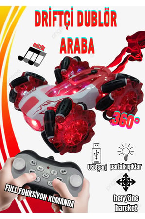 Drift Yapan Uzaktan Kumandalı Araba-Buhar,Işık,Ses,TypeC Şarj,360°Dönüş,Full Fonksiyon (Kırmızı)
