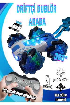Drift Yapan Uzaktan Kumandalı Araba-Buhar,Işık,Ses,TypeC Şarj,360°Dönüş,Full Fonksiyon (Mavi)