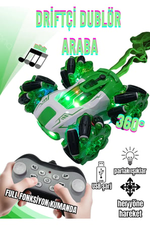 Drift Yapan Uzaktan Kumandalı Araba-Buhar,Işık,Ses,TypeC Şarj,360°Dönüş,Full Fonksiyon (Yeşil)