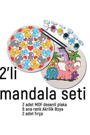 2Li Mandala Boyama Seti- 2 DESENLİ PLAKA-6 RENK AKRİLİK BOYA-2 ADET FIRÇA