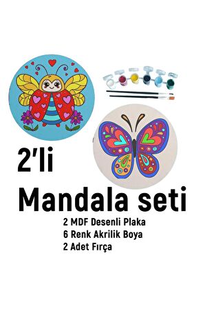 2'li MANDALA BOYAMA SETİ- TATİL ETKİNLİĞİ-2 HAM MDF PLAKA, 6 RENK BOYA,2 FIRÇA MODEL-18