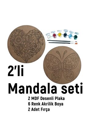 2'li MANDALA BOYAMA SETİ- TATİL ETKİNLİĞİ-2 HAM MDF PLAKA, 6 RENK BOYA,2 FIRÇA MODEL-25