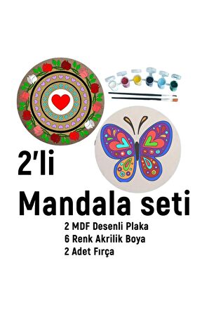 2'li MANDALA BOYAMA SETİ- TATİL ETKİNLİĞİ-2 HAM MDF PLAKA, 6 RENK BOYA,2 FIRÇA MODEL-26