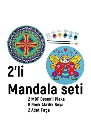 2'li MANDALA BOYAMA SETİ- TATİL ETKİNLİĞİ-2 HAM MDF PLAKA, 6 RENK BOYA,2 FIRÇA MODEL-28