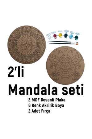 2'li MANDALA BOYAMA SETİ- TATİL ETKİNLİĞİ-2 HAM MDF PLAKA, 6 RENK BOYA,2 FIRÇA MODEL-28