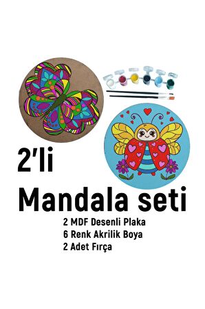 2'li MANDALA BOYAMA SETİ- TATİL ETKİNLİĞİ-2 HAM MDF PLAKA, 6 RENK BOYA,2 FIRÇA MODEL-29