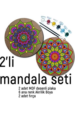 2Li Mandala Boyama Seti- 2 DESENLİ PLAKA-6 RENK AKRİLİK BOYA-2 ADET FIRÇA