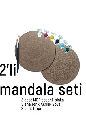 2Li Mandala Boyama Seti- 2 DESENLİ PLAKA-6 RENK AKRİLİK BOYA-2 ADET FIRÇA