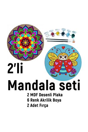 2'li MANDALA BOYAMA SETİ- TATİL ETKİNLİĞİ-2 HAM MDF PLAKA, 6 RENK BOYA,2 FIRÇA MODEL-34