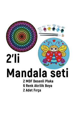 2'li MANDALA BOYAMA SETİ- TATİL ETKİNLİĞİ-2 HAM MDF PLAKA, 6 RENK BOYA,2 FIRÇA MODEL-35