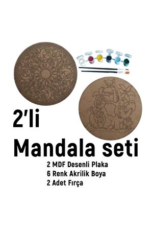 2'li MANDALA BOYAMA SETİ- TATİL ETKİNLİĞİ-2 HAM MDF PLAKA, 6 RENK BOYA,2 FIRÇA MODEL-43