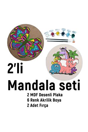 2'li MANDALA BOYAMA SETİ- TATİL ETKİNLİĞİ-2 HAM MDF PLAKA, 6 RENK BOYA,2 FIRÇA MODEL-45