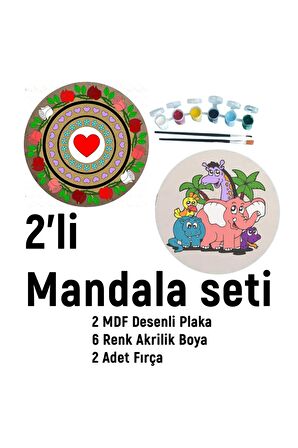 2'li MANDALA BOYAMA SETİ- TATİL ETKİNLİĞİ-2 HAM MDF PLAKA, 6 RENK BOYA,2 FIRÇA MODEL-48