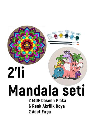 2'li MANDALA BOYAMA SETİ- TATİL ETKİNLİĞİ-2 HAM MDF PLAKA, 6 RENK BOYA,2 FIRÇA MODEL-49