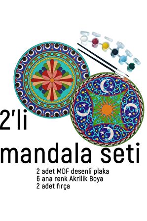 2Li Mandala Boyama Seti- 2 DESENLİ PLAKA-6 RENK AKRİLİK BOYA-2 ADET FIRÇA