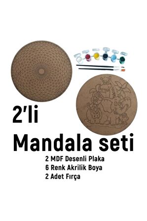 2'li MANDALA BOYAMA SETİ- TATİL ETKİNLİĞİ-2 HAM MDF PLAKA, 6 RENK BOYA,2 FIRÇA MODEL-50