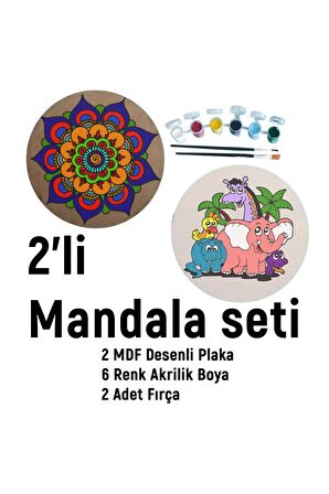 2'li MANDALA BOYAMA SETİ- TATİL ETKİNLİĞİ-2 HAM MDF PLAKA, 6 RENK BOYA,2 FIRÇA MODEL-51